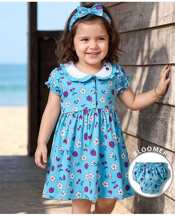 Babyhug Single Jersey Knit Half Sleeves Frock with Bloomer with Peter Pan Collar Fruits & Floral Print & Bow Applique Headband - Light Blue