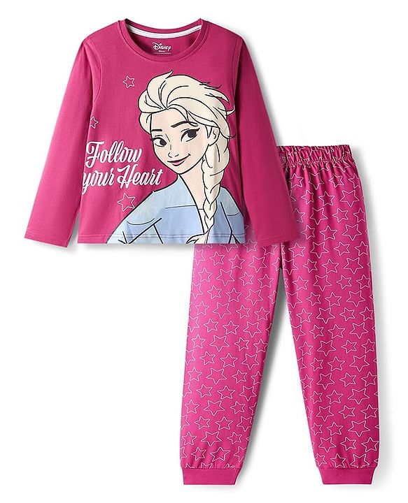 Pine Kids Disney Single Jersey Knit Full Sleeve Night Suit with Elsa Graphics - Dark Pink