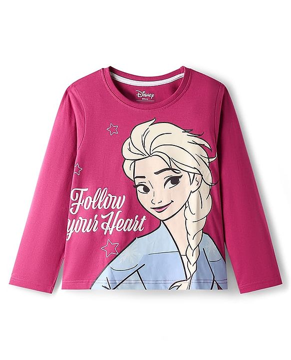 Pine Kids Disney Single Jersey Knit Full Sleeve Night Suit with Elsa Graphics - Dark Pink