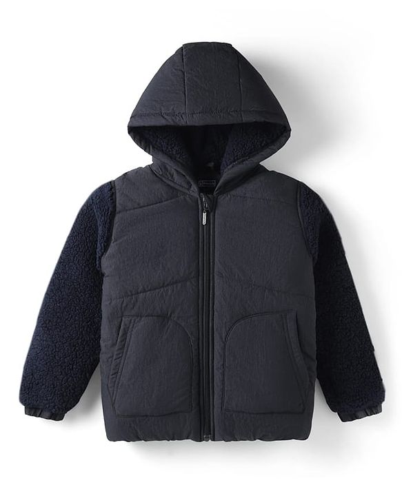 Pine Kids Woven Full Sleeves Solid Colour Hooded Padded Jacket - Navy Blue