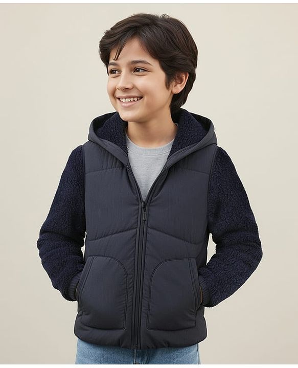 Pine Kids Woven Full Sleeves Solid Colour Hooded Padded Jacket - Navy Blue