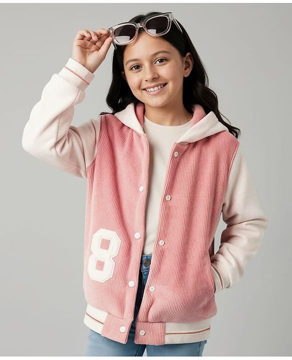 Pine Kids Woven Full Sleeves Hooded Sweatjacket With Number Embroidery - Pink