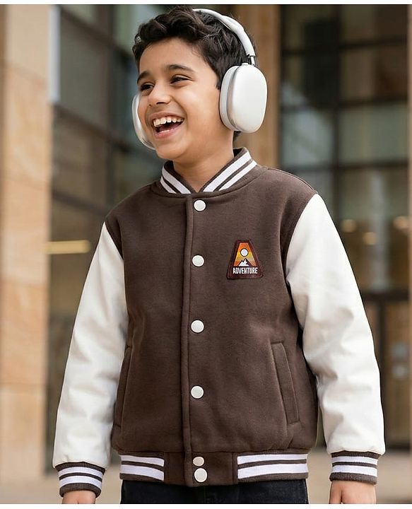 Pine Kids Woven Full Sleeves Bomber Jacket With Adventure Patch - Brown
