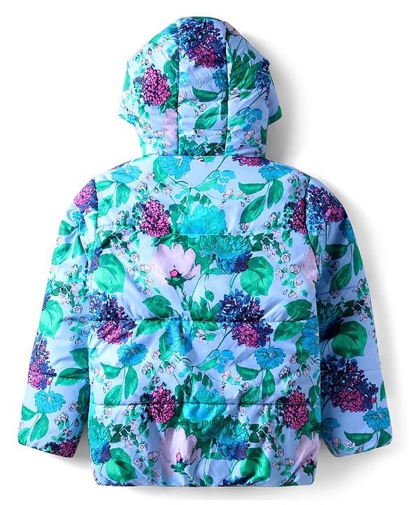 Pine Kids Woven Full Sleeves Hooded Padded Jacket With Floral Print - Aqua