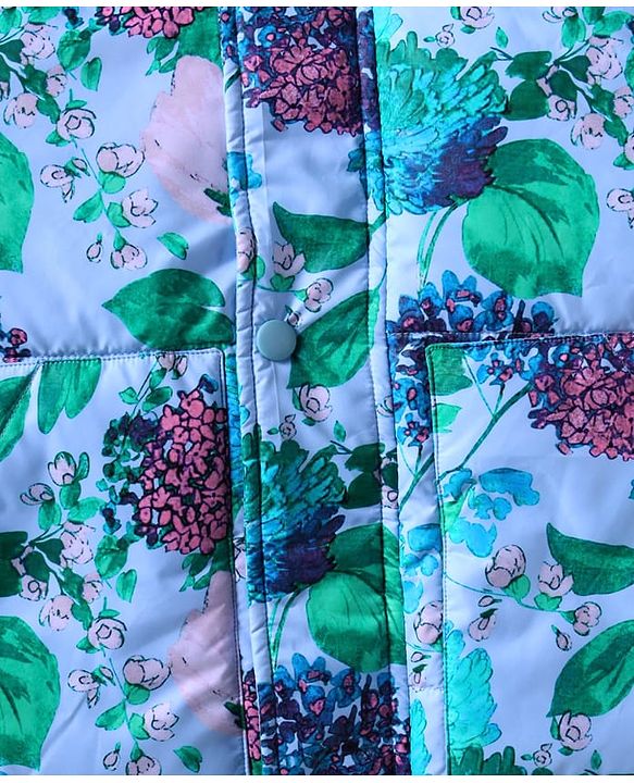 Pine Kids Woven Full Sleeves Hooded Padded Jacket With Floral Print - Aqua
