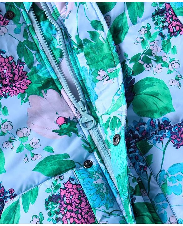 Pine Kids Woven Full Sleeves Hooded Padded Jacket With Floral Print - Aqua