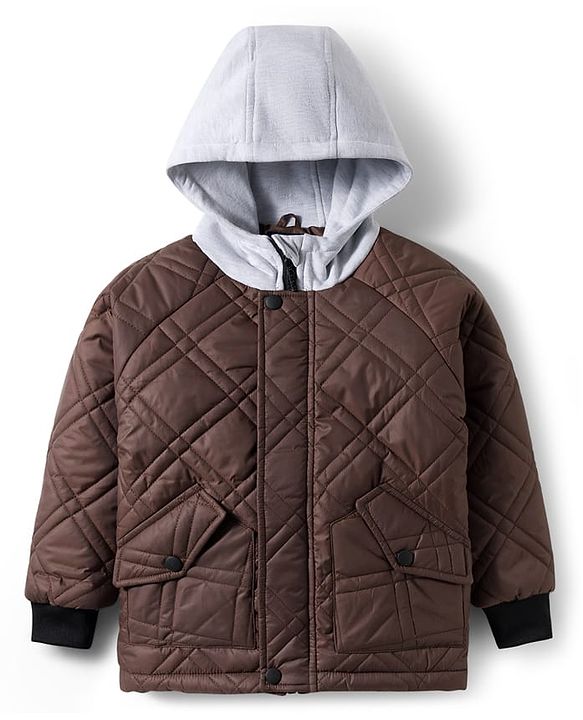 Pine Kids Woven Full Sleeves Solid Hooded Quilted Jacket - Brown
