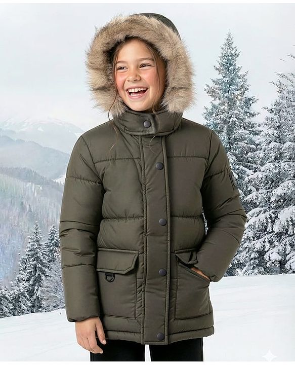 Pine Kids Woven Full Sleeves Solid Hooded Padded Jacket - Olive Green