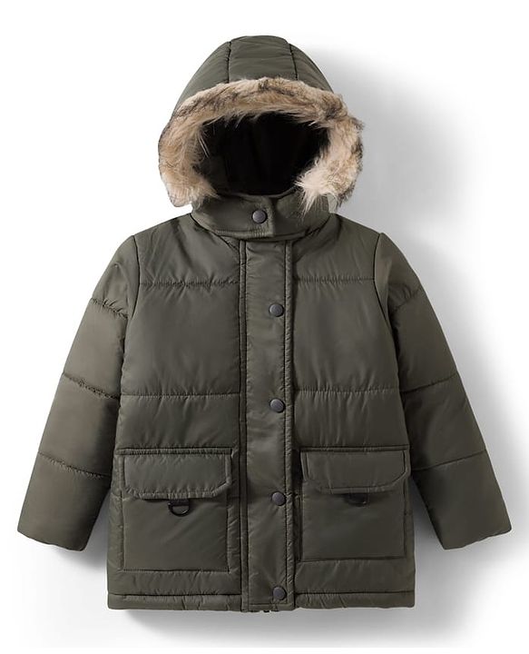 Pine Kids Woven Full Sleeves Solid Hooded Padded Jacket - Olive Green