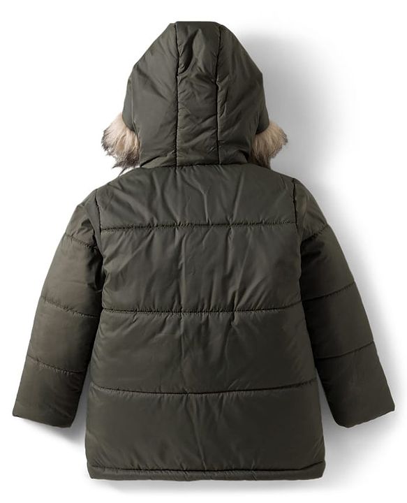 Pine Kids Woven Full Sleeves Solid Hooded Padded Jacket - Olive Green