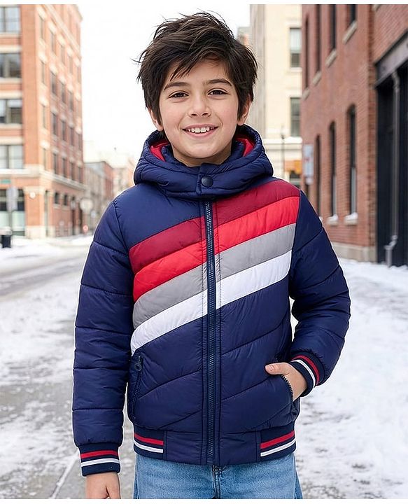 Pine Kids Woven Full Sleeves Striped Hooded Padded Jacket - Navy Blue