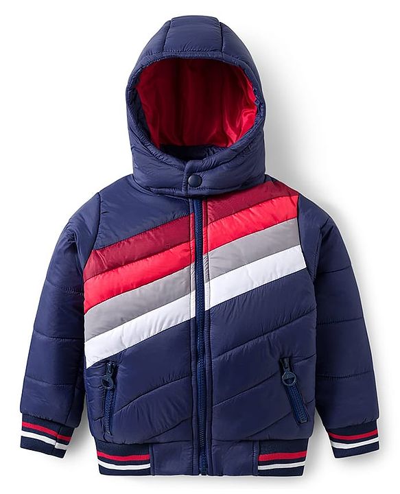 Pine Kids Woven Full Sleeves Striped Hooded Padded Jacket - Navy Blue