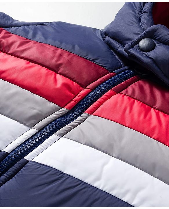 Pine Kids Woven Full Sleeves Striped Hooded Padded Jacket - Navy Blue