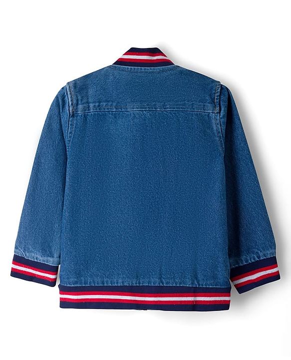 Pine Kids Cotton Woven Full Sleeves Washed Denim Bomber Jacket With Tape & Ribbed Detailing - Blue