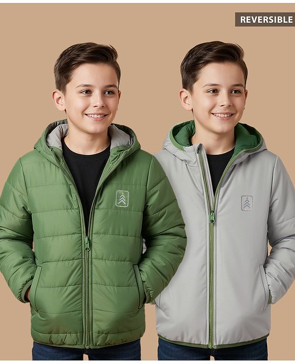 Pine Kids Woven Full Sleeves Solid Hooded Reversible Jacket - Green