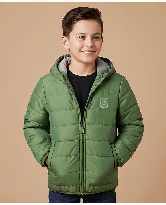 Pine Kids Woven Full Sleeves Solid Hooded Reversible Jacket - Green