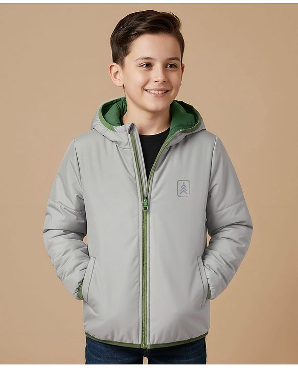 Pine Kids Woven Full Sleeves Solid Hooded Reversible Jacket - Green