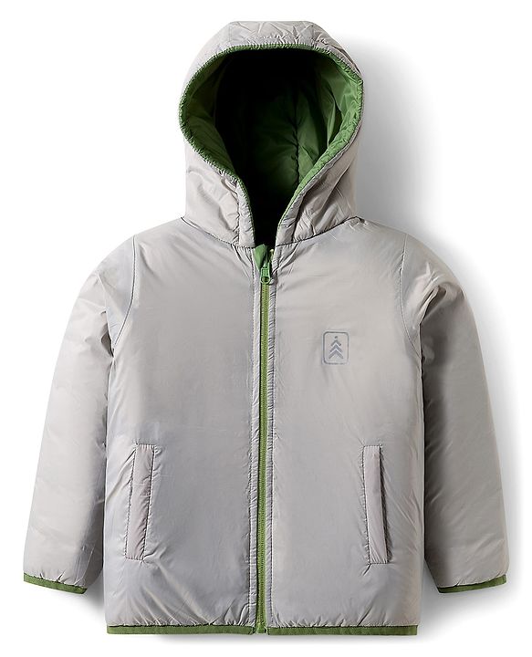 Pine Kids Woven Full Sleeves Solid Hooded Reversible Jacket - Green