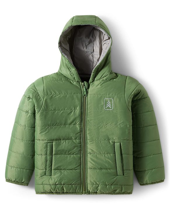 Pine Kids Woven Full Sleeves Solid Hooded Reversible Jacket - Green