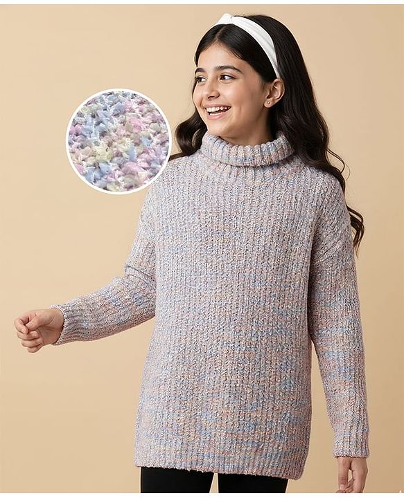 Pine Kids Knit Full Sleeves Pullover Sweater With Cable Knit Design & Turtle Neck - Multi Colour