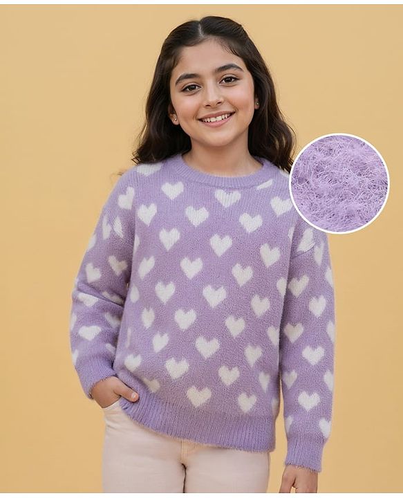 Pine Kids Knitted Full Sleeves Pullover Sweater With Heart Design - Purple
