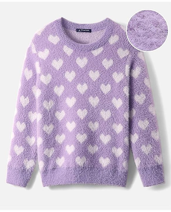 Pine Kids Knitted Full Sleeves Pullover Sweater With Heart Design - Purple