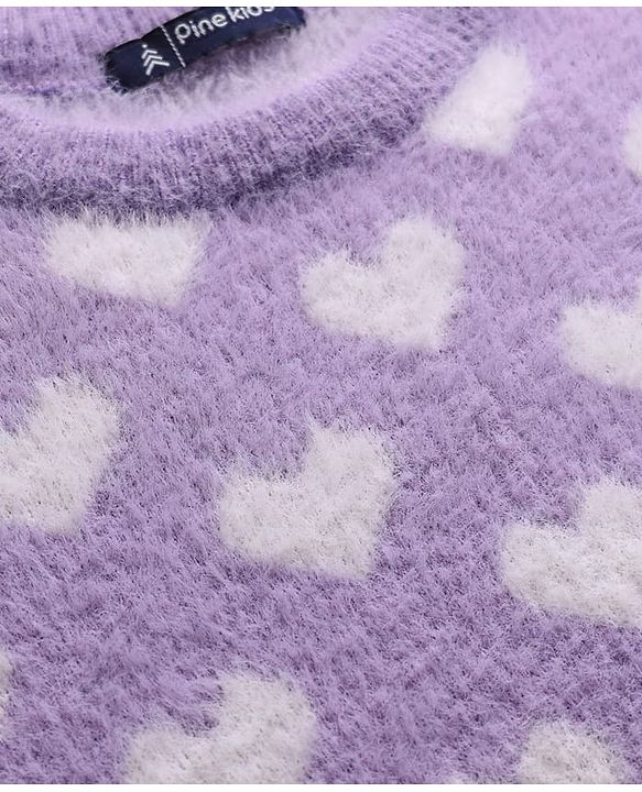 Pine Kids Knitted Full Sleeves Pullover Sweater With Heart Design - Purple