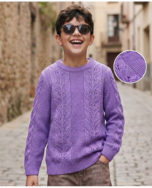 Pine Kids Knit Full Sleeves Pullover Sweater with Floral Design - Purple