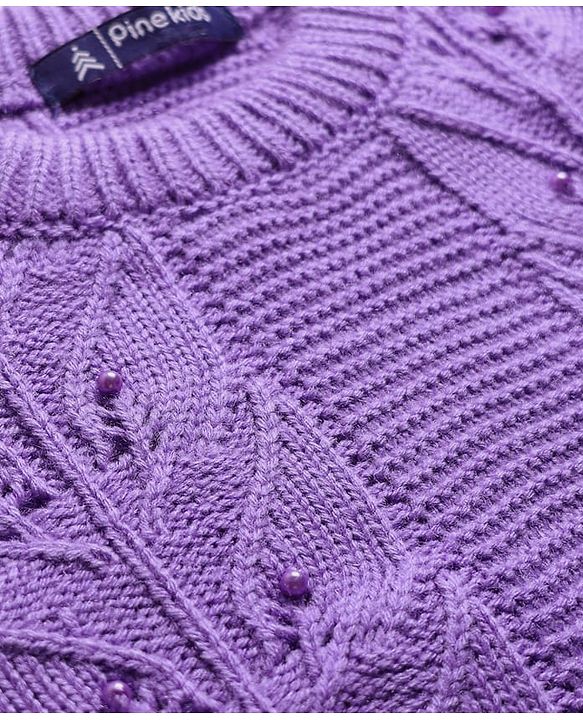 Pine Kids Knit Full Sleeves Pullover Sweater with Floral Design - Purple
