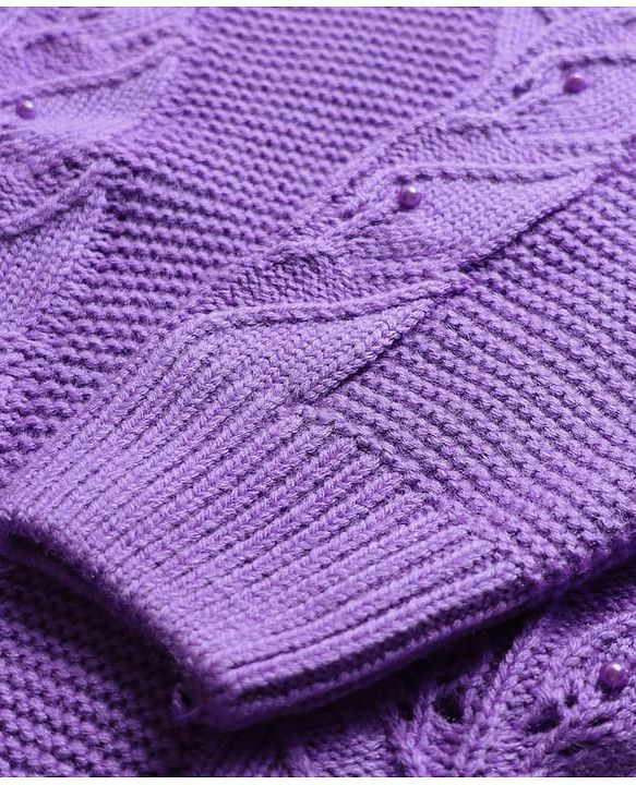 Pine Kids Knit Full Sleeves Pullover Sweater with Floral Design - Purple