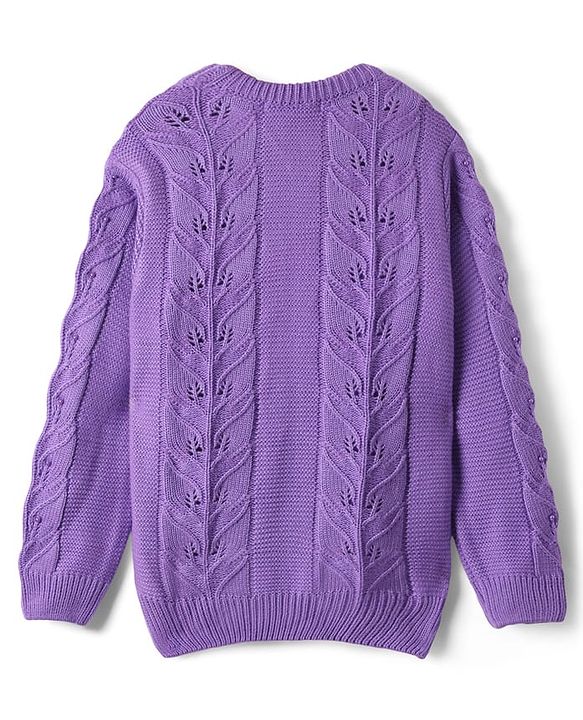 Pine Kids Knit Full Sleeves Pullover Sweater with Floral Design - Purple