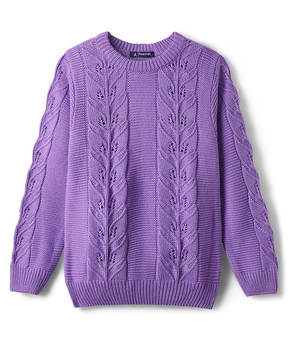Pine Kids Knit Full Sleeves Pullover Sweater with Floral Design - Purple