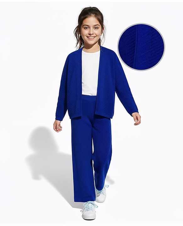 Pine Kids Knit Full Sleeves Solid Color Front Open Sweater Set - Blue