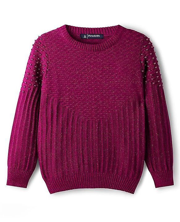 Pine Kids Knit Full Sleeves Solid Coloured Pearl Embellished Pullover Sweater - Dark Pink