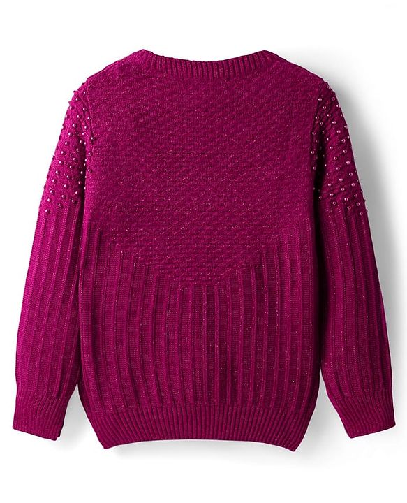 Pine Kids Knit Full Sleeves Solid Coloured Pearl Embellished Pullover Sweater - Dark Pink