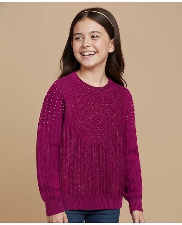 Pine Kids Knit Full Sleeves Solid Coloured Pearl Embellished Pullover Sweater - Dark Pink