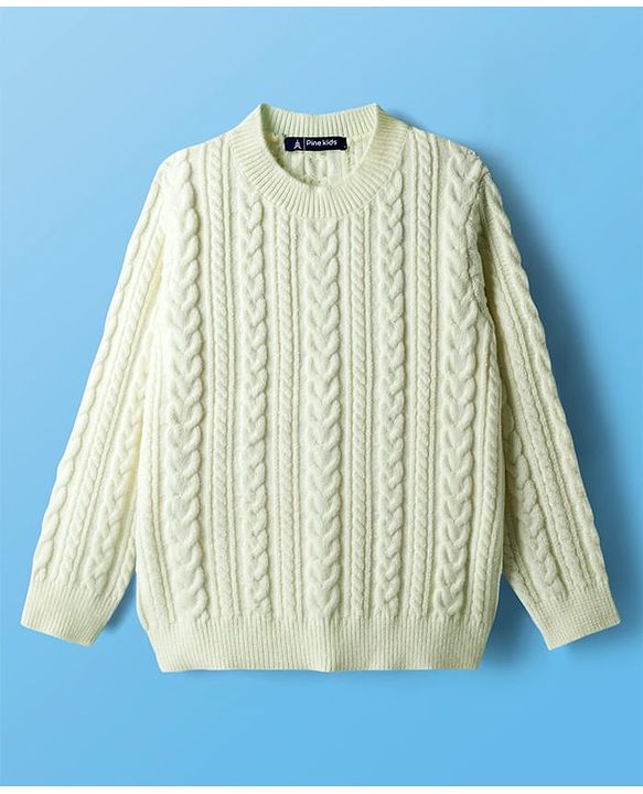 Pine Kids Knit Full Sleeves Pullover Sweater with Cable Knit Design - White