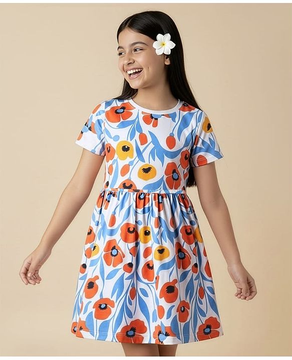 Pine Kids Cotton Knit Half Sleeves Frock With Floral Print - Light Blue