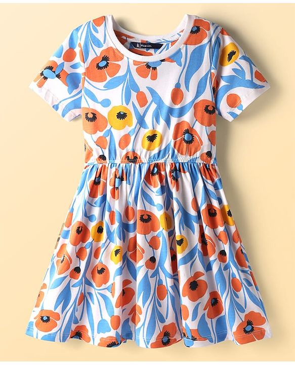 Pine Kids Cotton Knit Half Sleeves Frock With Floral Print - Light Blue