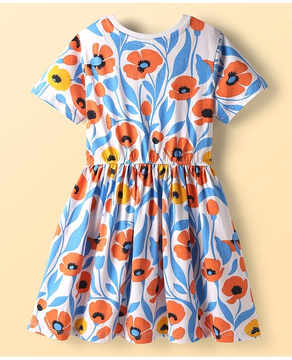 Pine Kids Cotton Knit Half Sleeves Frock With Floral Print - Light Blue