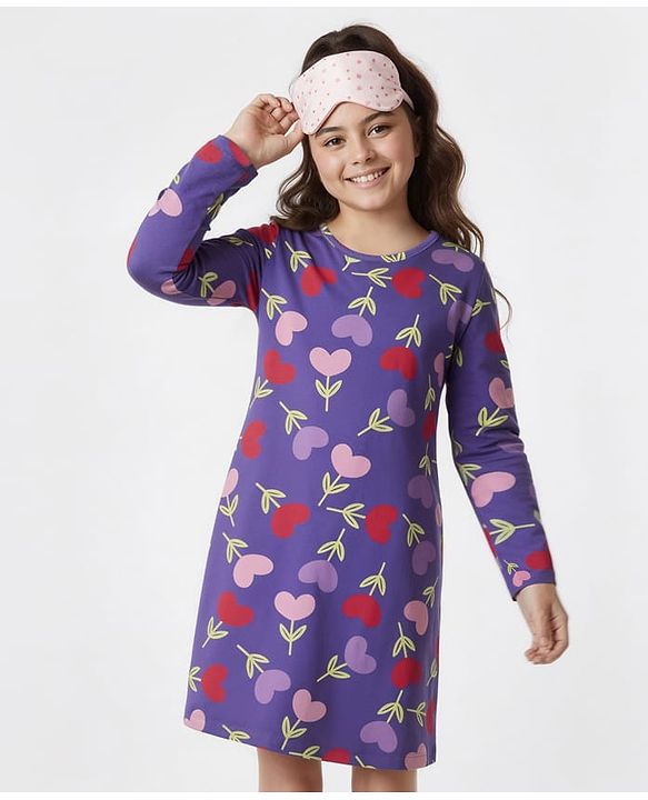Pine Kids Cotton Knit Full Sleeves Hearts Printed Nighty - Purple