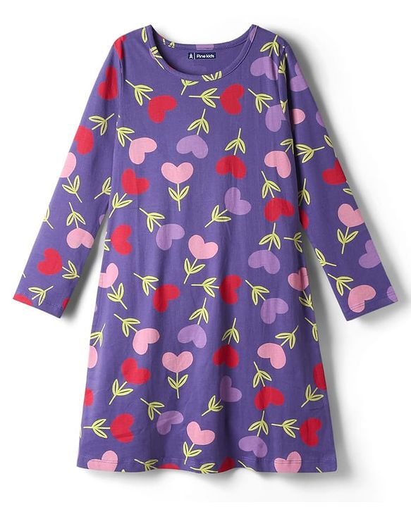 Pine Kids Cotton Knit Full Sleeves Hearts Printed Nighty - Purple