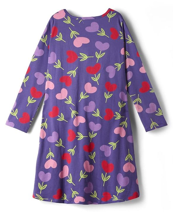 Pine Kids Cotton Knit Full Sleeves Hearts Printed Nighty - Purple