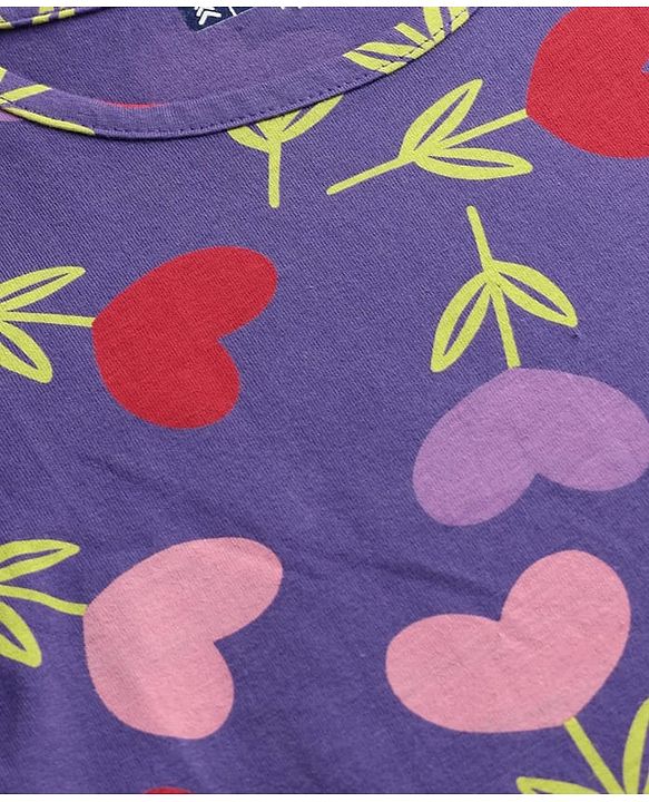 Pine Kids Cotton Knit Full Sleeves Hearts Printed Nighty - Purple