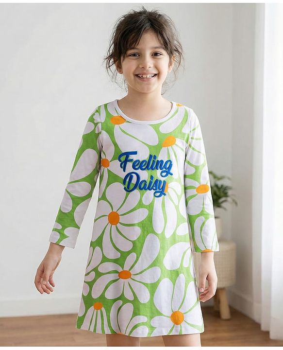 Pine Kids Cotton Knit Full Sleeves Nighty With Floral Print - Light Green