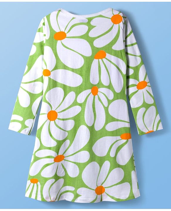 Pine Kids Cotton Knit Full Sleeves Nighty With Floral Print - Light Green