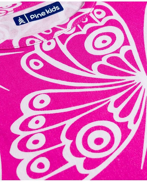 Pine Kids Cotton Knit Half Sleeves Nighty With Butterfly Print - Fuschia