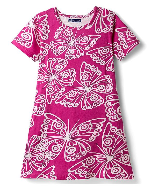 Pine Kids Cotton Knit Half Sleeves Nighty With Butterfly Print - Fuschia