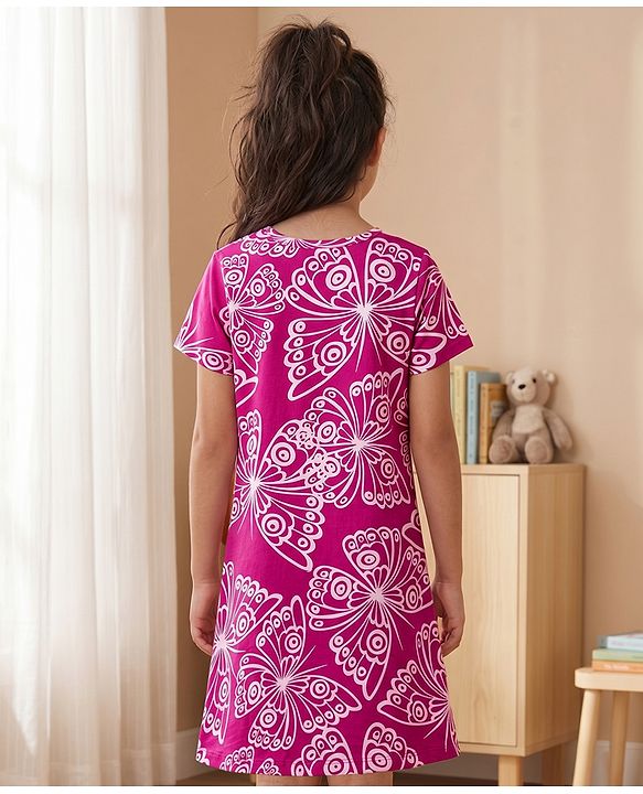 Pine Kids Cotton Knit Half Sleeves Nighty With Butterfly Print - Fuschia