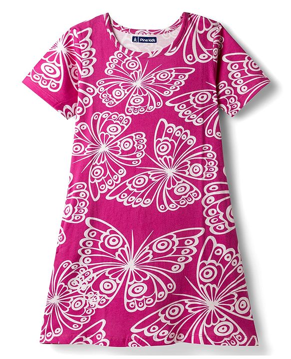 Pine Kids Cotton Knit Half Sleeves Nighty With Butterfly Print - Fuschia